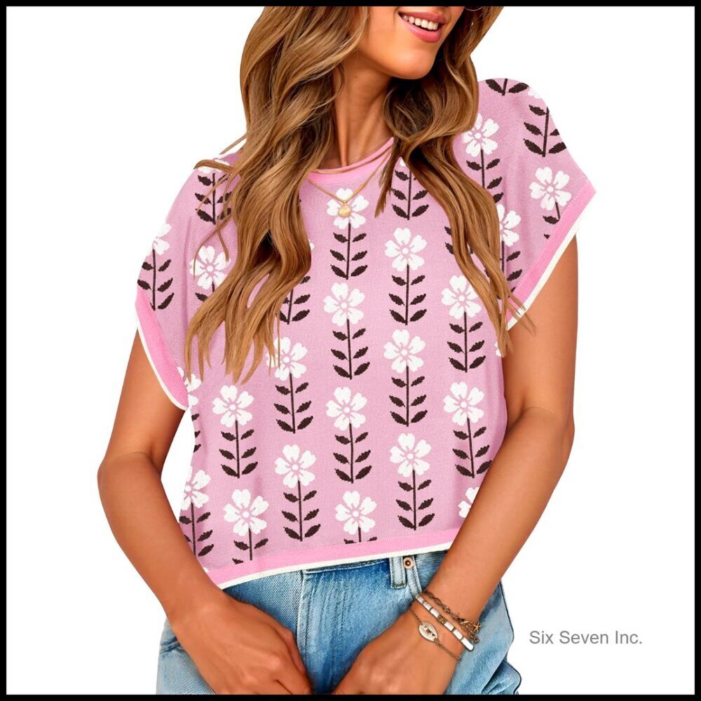 Floral Knit Sweater Vest Cap Sleeve Crew Neck Loose Fit Summer Top Y2K